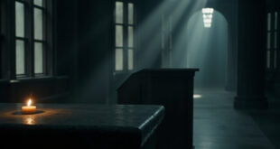 Single lit candle on stone surface in dimly lit government building corridor with window light