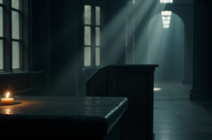 Single lit candle on stone surface in dimly lit government building corridor with window light