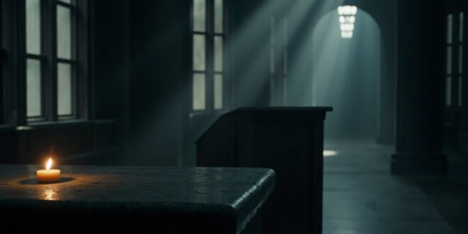 Single lit candle on stone surface in dimly lit government building corridor with window light