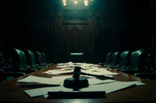 Empty government conference room with gavel on table, scattered documents, dark wood paneling, dramatic shadows