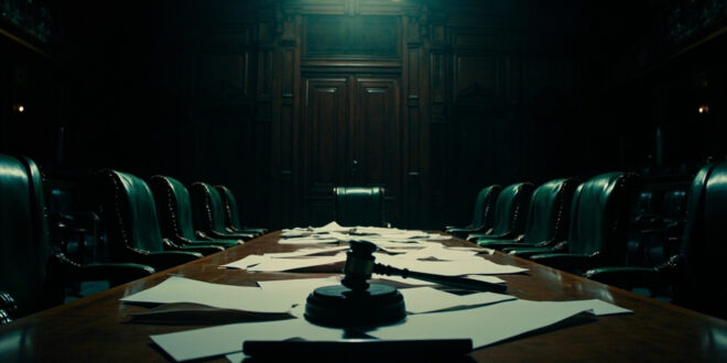 Empty government conference room with gavel on table, scattered documents, dark wood paneling, dramatic shadows