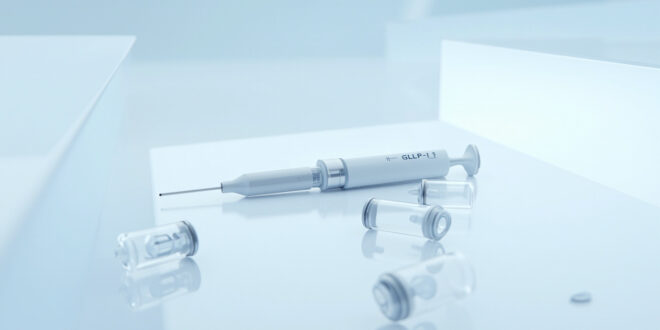 GLP-1 injection pen and medication vials arranged on white clinical surface with soft lighting