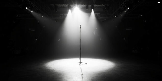 Single microphone stand illuminated by spotlight on empty stadium stage with rows of vacant seats in darkness