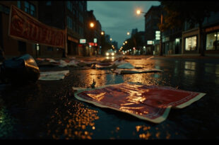 Empty city street covered with scattered protest signs and banners on wet pavement at twilight