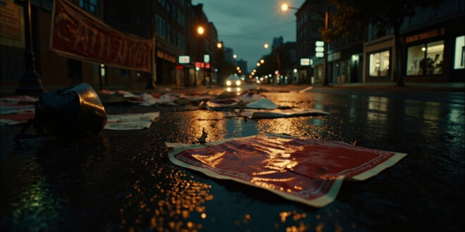 Empty city street covered with scattered protest signs and banners on wet pavement at twilight