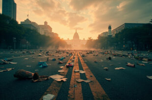 Empty city street with scattered protest materials and megaphones leading toward distant capitol dome under gray sky
