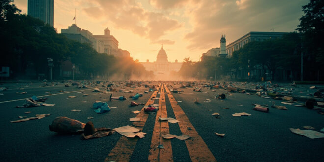 Empty city street with scattered protest materials and megaphones leading toward distant capitol dome under gray sky
