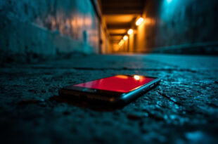 Smartphone with glowing red alert screen in dark concrete bunker corridor illuminated by amber emergency lights