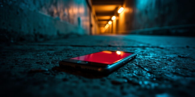 Smartphone with glowing red alert screen in dark concrete bunker corridor illuminated by amber emergency lights