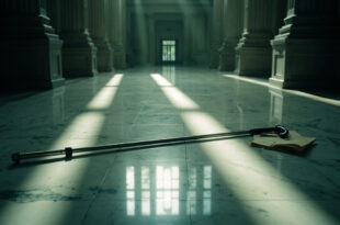 Walking cane lies alone on polished marble floor in ornate government building hallway with classical columns