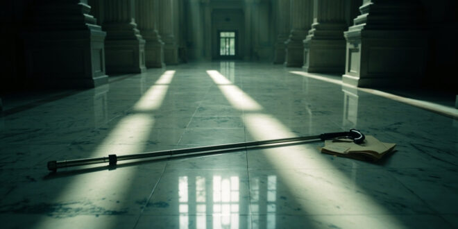Walking cane lies alone on polished marble floor in ornate government building hallway with classical columns