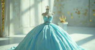 Aqua quinceañera gown with ornate crown and shark pin displayed in warm ballroom lighting