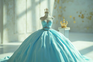 Aqua quinceañera gown with ornate crown and shark pin displayed in warm ballroom lighting