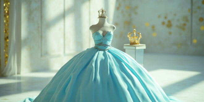 Aqua quinceañera gown with ornate crown and shark pin displayed in warm ballroom lighting