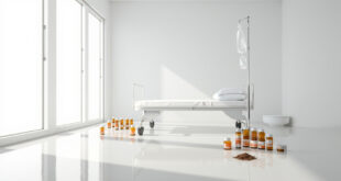 Hospital IV stand next to bottles of alternative remedies and coffee grounds on medical table