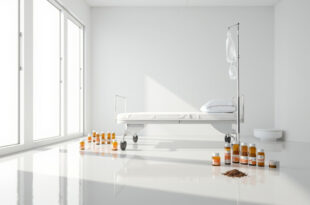Hospital IV stand next to bottles of alternative remedies and coffee grounds on medical table
