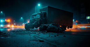 Crashed car wreckage illuminated by emergency lights on dark urban street with truck collision damage