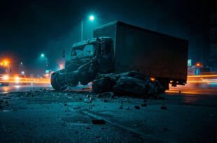 Crashed car wreckage illuminated by emergency lights on dark urban street with truck collision damage