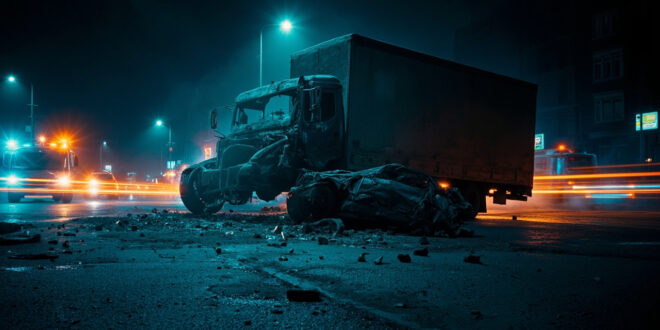 Crashed car wreckage illuminated by emergency lights on dark urban street with truck collision damage