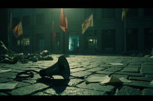 Silent megaphone on cobblestone plaza with scattered papers and empty demonstration area