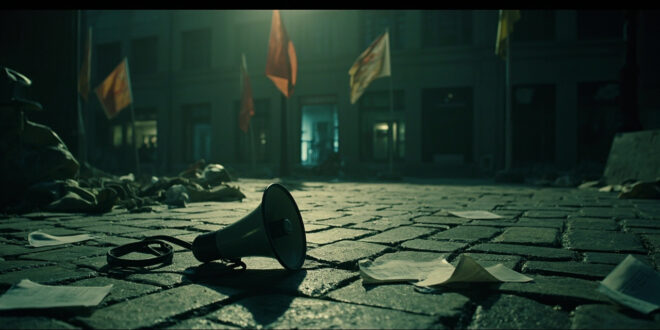 Silent megaphone on cobblestone plaza with scattered papers and empty demonstration area