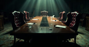 Empty boardroom with overturned chairs and scattered documents on polished conference table