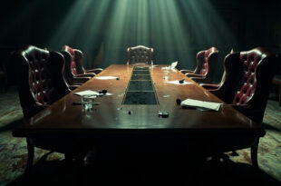 Empty boardroom with overturned chairs and scattered documents on polished conference table