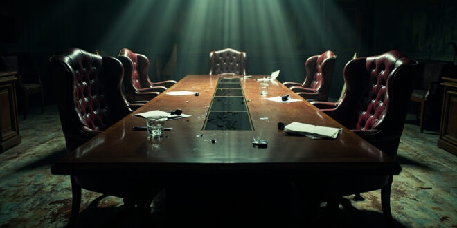 Empty boardroom with overturned chairs and scattered documents on polished conference table