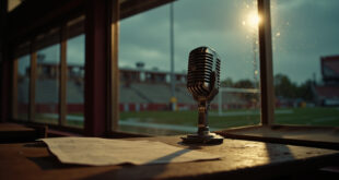 Vintage microphone on wooden desk in empty press booth overlooking football stadium with scattered official papers