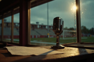 Vintage microphone on wooden desk in empty press booth overlooking football stadium with scattered official papers