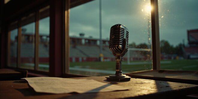 Vintage microphone on wooden desk in empty press booth overlooking football stadium with scattered official papers