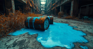 Bright blue chemical spill from industrial barrels on cracked concrete in abandoned exclusion zone