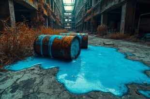 Bright blue chemical spill from industrial barrels on cracked concrete in abandoned exclusion zone