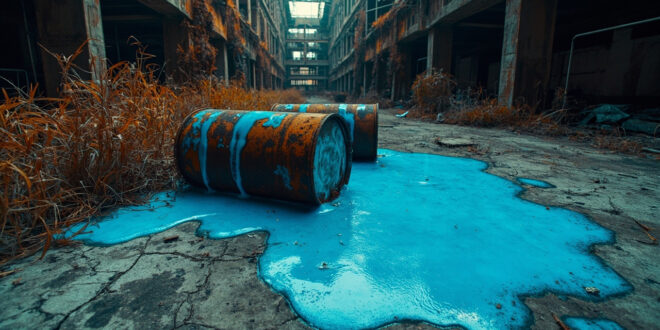 Bright blue chemical spill from industrial barrels on cracked concrete in abandoned exclusion zone