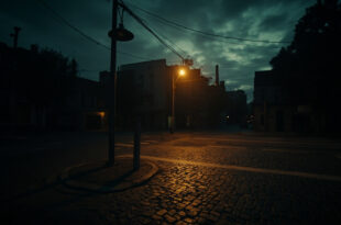 Empty urban crossroads with streetlamp glowing at dusk, cobblestone pavement and long shadows stretching across intersection