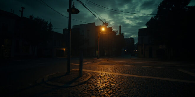 Empty urban crossroads with streetlamp glowing at dusk, cobblestone pavement and long shadows stretching across intersection