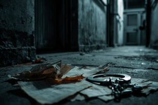 Handcuffs and aged documents lie on concrete surface between prison facility doors