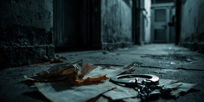 Handcuffs and aged documents lie on concrete surface between prison facility doors