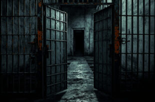 Empty prison cell door standing open with institutional corridor and metal barriers visible in background