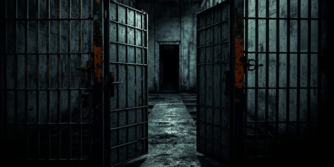Empty prison cell door standing open with institutional corridor and metal barriers visible in background