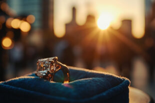 Rectangular-cut diamond ring on velvet box with TV cameras and urban plaza in soft morning light
