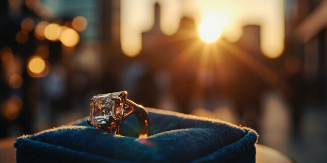 Rectangular-cut diamond ring on velvet box with TV cameras and urban plaza in soft morning light