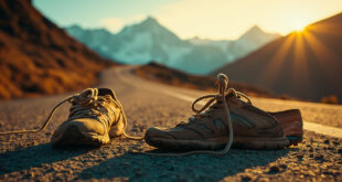 Worn trail running shoes on mountain road with Himalayan peaks under golden dawn light