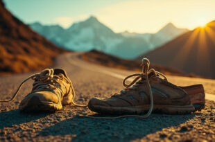 Worn trail running shoes on mountain road with Himalayan peaks under golden dawn light