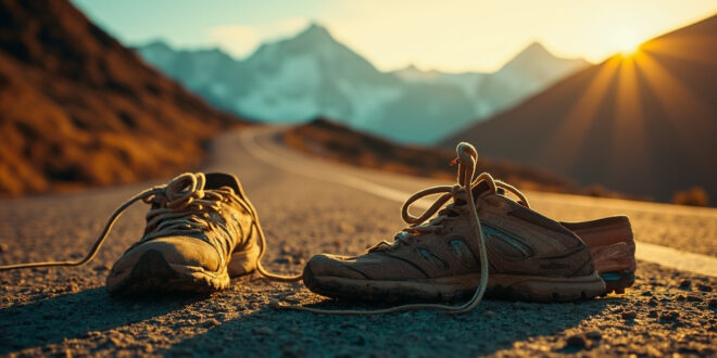 Worn trail running shoes on mountain road with Himalayan peaks under golden dawn light