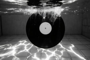 Black vinyl record floating underwater in blue swimming pool with sunlight filtering through water creating ripple patterns