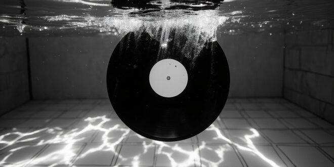 Black vinyl record floating underwater in blue swimming pool with sunlight filtering through water creating ripple patterns