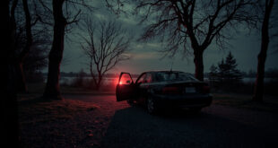 Empty car sits alone in darkened park parking area near water with bare trees silhouetted against evening sky