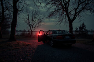 Empty car sits alone in darkened park parking area near water with bare trees silhouetted against evening sky
