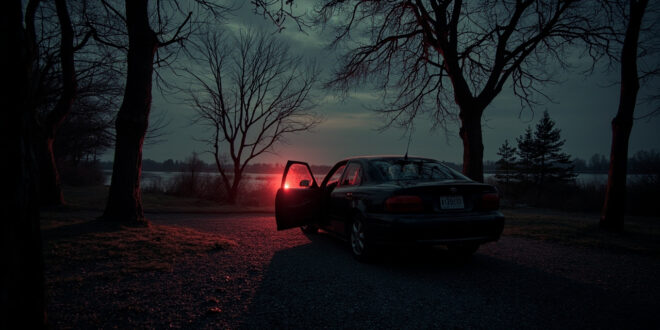 Empty car sits alone in darkened park parking area near water with bare trees silhouetted against evening sky